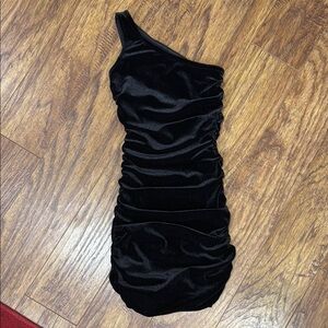 KATIE J NYC black velvet one shoulder dress